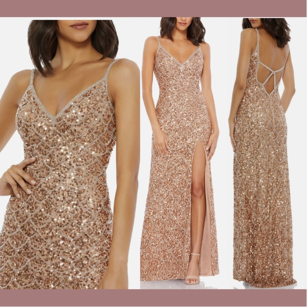NEW $398 MAC DUGGAL [ 4 ] Scallop Embellished V-neck Gown‎ In Copper